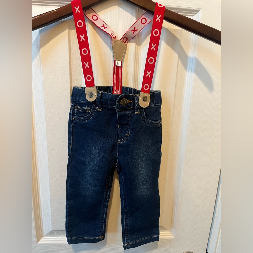 Baby Cat & Jack 6-9mo Blue Jeans Red & White XOs optional Suspenders Valentines!